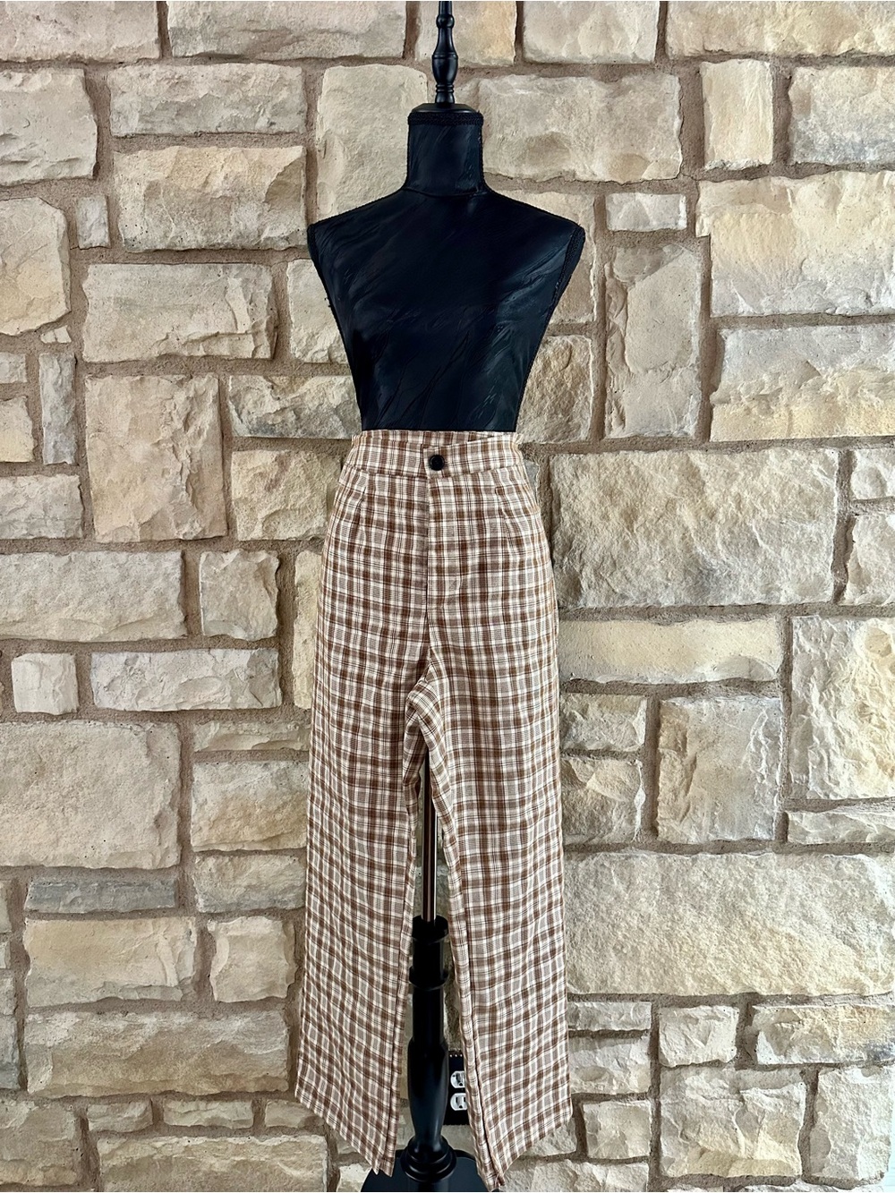 SHEIN Brown Plaid High-Rise Wide-Leg Pants